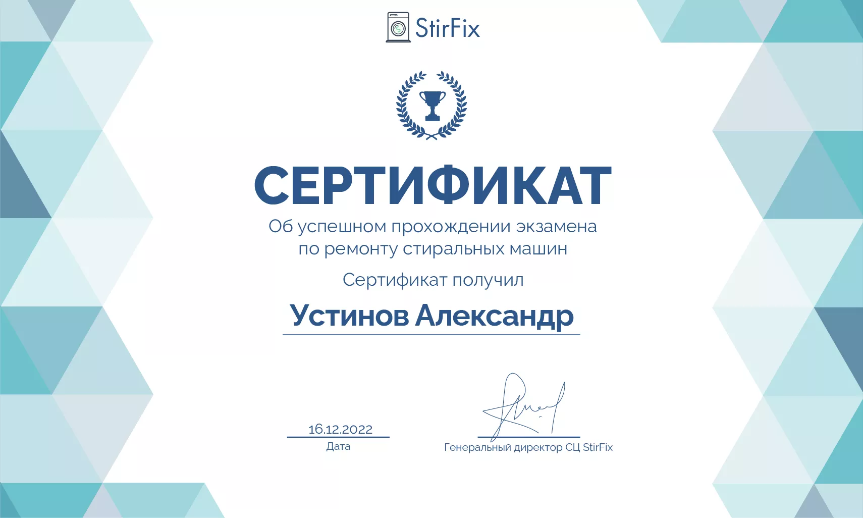 Устинов Александр сертификат мастера по ремонту стиральных машин